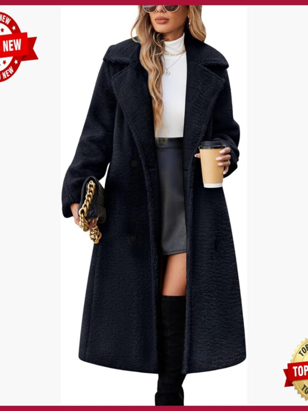 Women Fleece Long Coat Sherpa Cardigan Oversized Lapel Trench Button Faux Fur